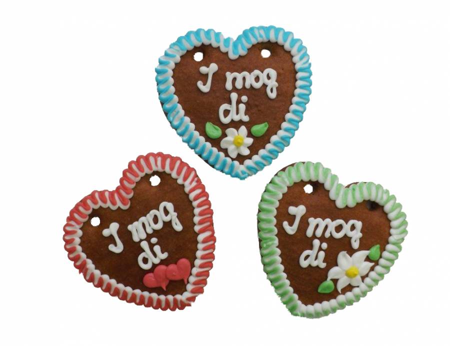 Lebkuchenherz Spruch „I mog di“ 10 cm mit bunten zweifarbigen Rand