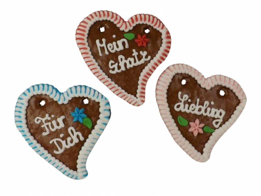 60 Lebkuchenherzen im Karton 10 cm Spruch spitz, bunt 6-fach sortiert